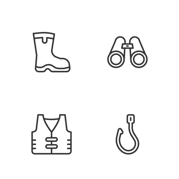 Set line Fishing hook, jacket, boots and Binoculars icon. Vector — Stock Vector