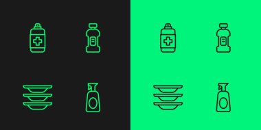 Deterjan, bulaşık deterjanı, antibakteriyel sabun ve ikon için şişe. Vektör