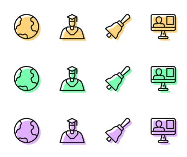 Set hattı zil, dünya küresi, mezuniyet şapkası ve online sınıf ikonu. Vektör