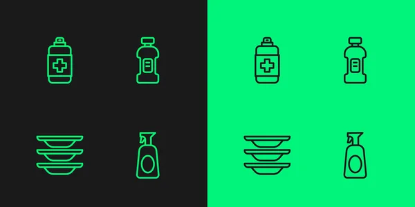 Linea Set Spray detergente, Lavaggio stoviglie, Sapone antibatterico e Bottiglia per icona. Vettore — Vettoriale Stock