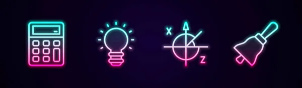 Stel lijn Calculator, Creatieve lamp licht idee, Trigonometrische cirkel en rinkelende bel. Een gloeiend neon icoon. Vector — Stockvector