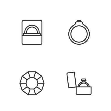 Elmas nişan yüzüğünü kutuya ve ikona yerleştir. Vektör