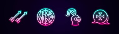 Ortaçağ okları, yuvarlak ahşap kalkan, miğfer ve Haçlı Seferi. Parlayan neon ikonu. Vektör