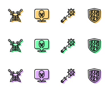 Dikenli biber gazı, Kafatası kılıcı, Ortaçağ miğferi ve Kalkan ikonu. Vektör