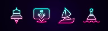 Hat zili, Anchor, Yat yelkenlisi ve yüzen şamandıra. Parlayan neon ikonu. Vektör