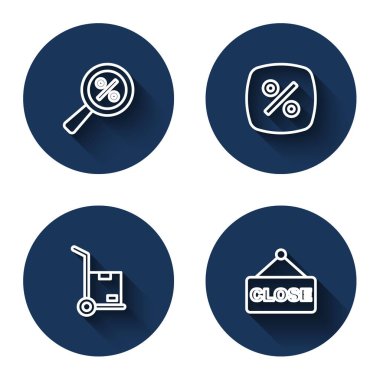 Çizgi büyüteçle yüzde, indirim etiketi, el arabası, kutular ve uzun gölgeyle kapatılmış asma yazısı. Mavi daire düğmesi. Vektör