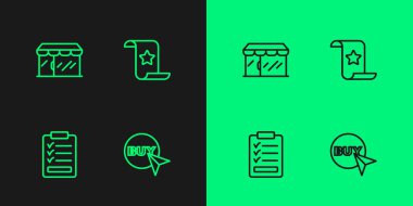 Satın alma düğmesi, listeli pano, market ve kağıt ve mali simge. Vektör