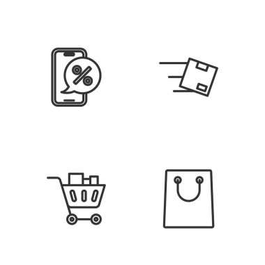 Kağıt poşet, alışveriş arabası ve yiyecek, telefon ve karton kutu ikonlu konum indirimi. Vektör