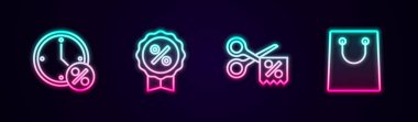 Satır çizgisi, saat indirimi, indirim etiketi, makas kesme kuponu ve kağıt alışveriş torbası. Parlayan neon ikonu. Vektör