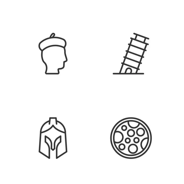 Set line Pizza, casco del ejército romano, francés y torre inclinada en Pisa icono. Vector — Vector de stock