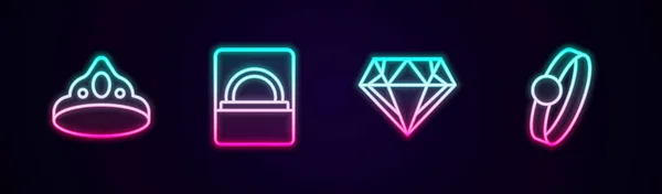 Set lijn Koning kroon, Diamant verlovingsring doos, en. Een gloeiend neon icoon. Vector — Stockvector