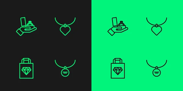 Set lijn Sluiting op ketting, Shopping bag sieraden, Diamant verlovingsring doos en Ketting met hartvormig icoon. Vector — Stockvector