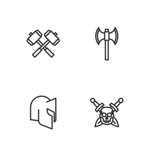 Defina a linha Crânio com espada, capacete medieval, martelos de batalha cruzados e ícone poleaxe. Vetor — Vetor de Stock