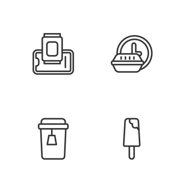 Dondurma, bir fincan çay, cep telefonundan yemek siparişi ve 24 saat dağıtım ikonu. Vektör