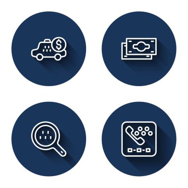 Taksimetre cihazını ayarla, kağıt paraları biriktir, taksiyi ara ve uzun gölgeli telefon servisini ara. Mavi daire düğmesi. Vektör