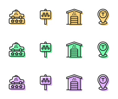 Taksi arabası için garaj hattı, taksi servisi derecesi, yol tabelası ve konum simgesi belirleyin. Vektör