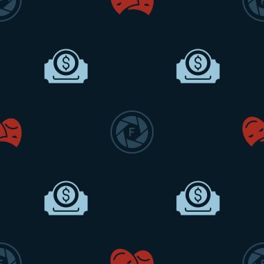 Komedi ve trajedi maskelerini, kamera kepenklerini ve sinema biletini kusursuz bir şekilde ayarla. Vektör