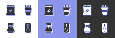 Kahve termometresi, kahve çekirdeği, kahve makinesini ve fincanı ikon haline getir. Vektör