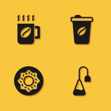 Kahve fincanı, çay poşeti, çörek ve uzun gölgeli bir ikon hazırla. Vektör