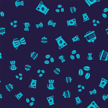 Kahve makinası, kahve makinası, kek, kahve çekirdekleri ve kusursuz bir desen. Vektör