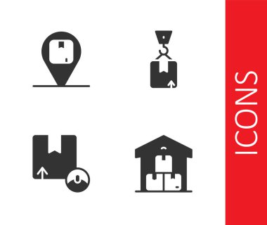 Full depo, karton kutulu konum, Carton ve Crane ikonu ayarlayın. Vektör