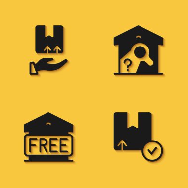 Kutu, karton karton, bedava depo ve uzun gölgeli depo kontrol simgesi ile teslimat elini ayarlayın. Vektör