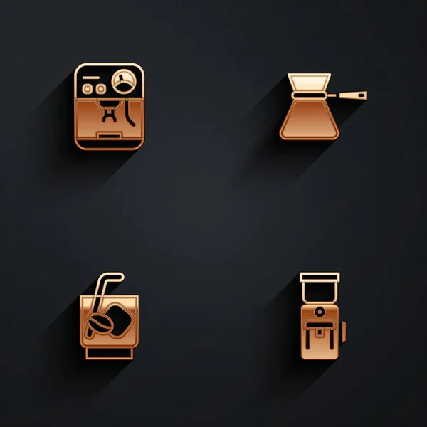 Set Koffiemachine, turk, Espresso tonic koffie en elektrische molen pictogram met lange schaduw. Vector — Stockvector