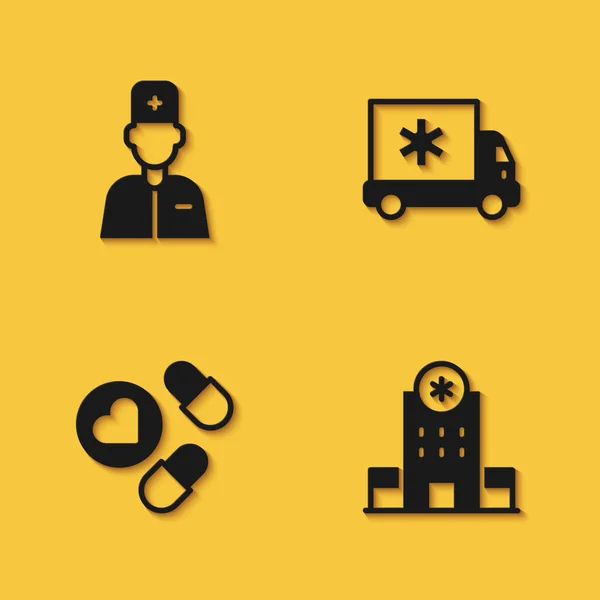 Set Male doctor, Hospital building, Medicine pill tablet and Ambulance car icon with long shadow. Vector — Stock Vector