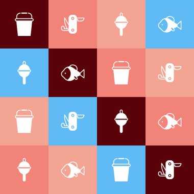 Popüler sanat balıkçılığı kovası, İsviçre çakısı, yüzen ve ikon. Vektör
