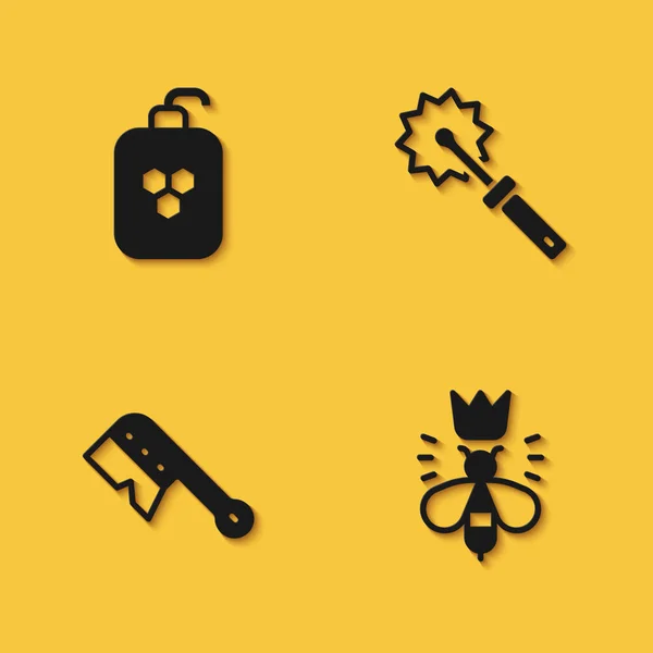 Set Tubo cosmético con miel, abeja reina, cepillo de apicultura y rollo de cortador para icono con sombra larga. Vector — Archivo Imágenes Vectoriales