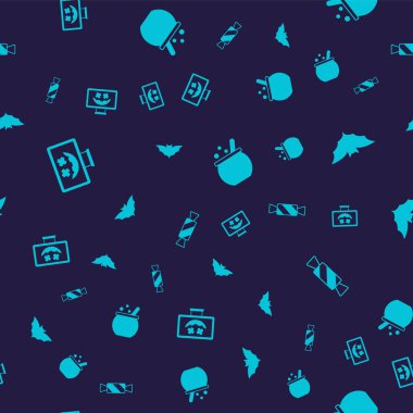 Cadılar Bayramı 'nız kutlu olsun uçan yarasa, cadı kazanı ve şekeri kusursuz bir düzene sokun. Vektör