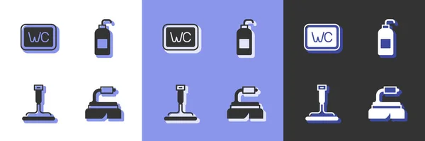 Set Pinsel für Reinigung, Toilette, Gummireiniger Fenster und antibakterielle Seife Symbol. Vektor — Stockvektor
