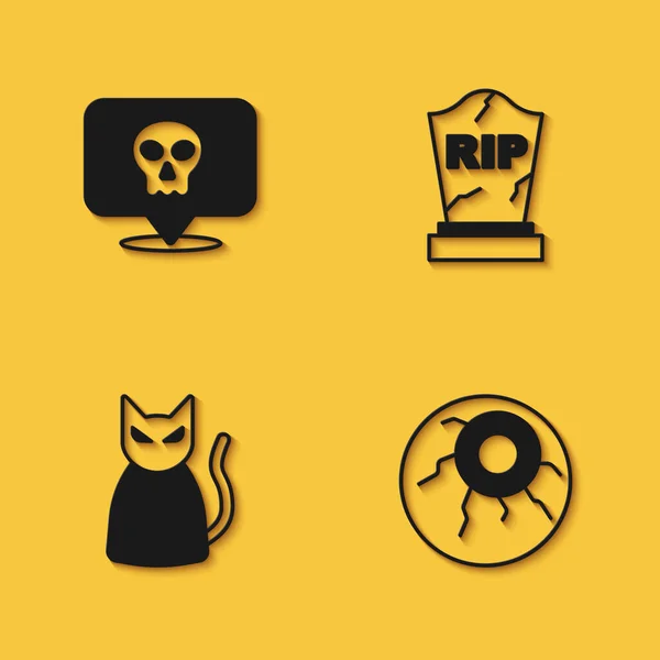 Set Skull, Eye, Black cat dan Tombstone dengan ikon tertulis RIP dengan bayangan panjang. Vektor - Stok Vektor