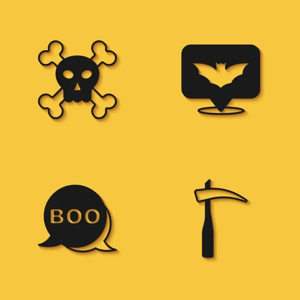 Zet Skull op kruisbeenderen, Scythe, Boo spraakzeepbel en Flying bat icoon met lange schaduw. Vector — Stockvector