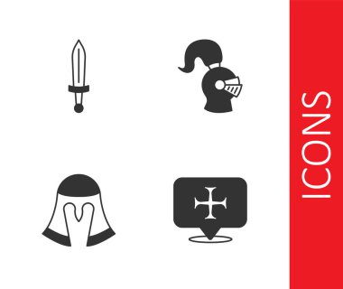 Haçlı Seferi, Ortaçağ kılıcı, miğfer ve ikonu. Vektör