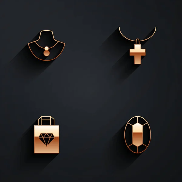 Set Halskette auf Schaufensterpuppe, Christian Kreuz Kette, Einkaufstasche Schmuck und Edelstein-Symbol mit langem Schatten. Vektor — Stockvektor