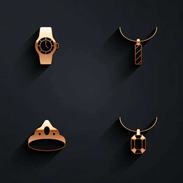 Set Armbanduhr, Anhänger an Halskette, Königskrone und Symbol mit langem Schatten. Vektor — Stockvektor
