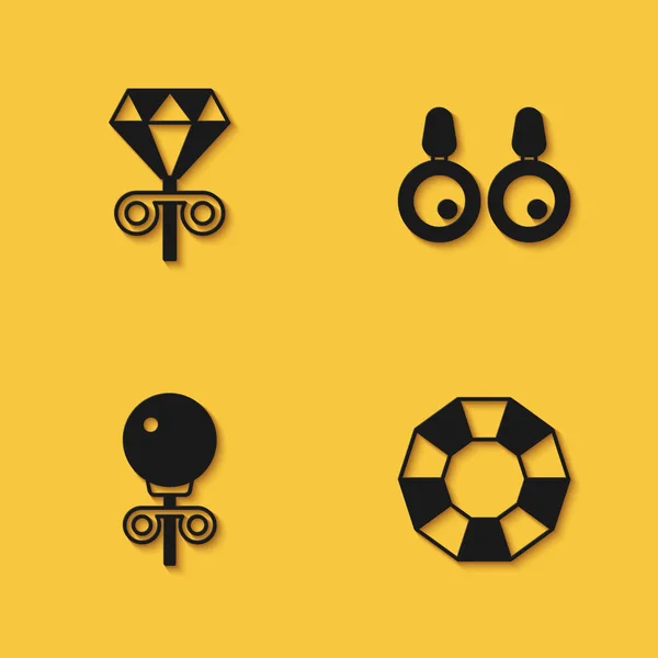 Set Boucles d'oreilles goujon, Diamant et Boucles d'oreilles icône avec ombre longue. Vecteur — Image vectorielle