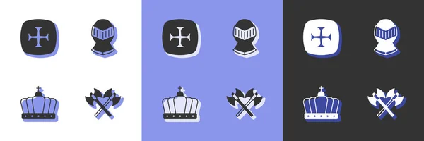 Set Crossed medieval axes, Crusade, King crown and Medieval helmet icon. Vector — Stock Vector