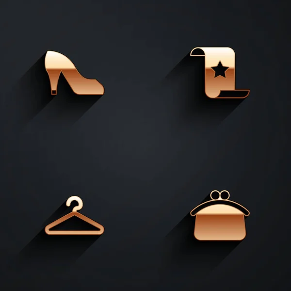 Set Woman sepatu, Kertas cek dan cek keuangan, Lemari baju Hanger dan Wallet ikon dengan bayangan panjang. Vektor - Stok Vektor