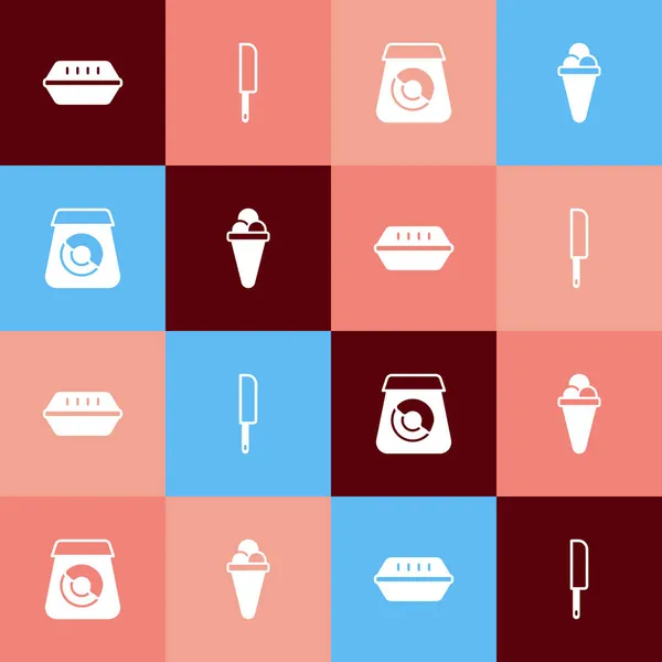 Set pop art Lunchdoos, Mes, Online bestellen van voedsel en ijs wafel pictogram. Vector — Stockvector