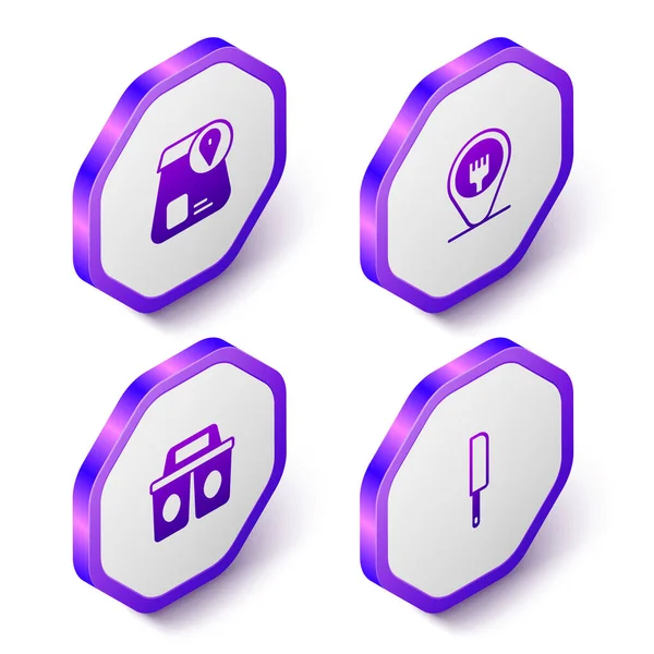 Set Isometric Online ordering food, Cafe and restaurant location, Coffee cup to go and Knife icon. Purple hexagon button. Vector — Stock Vector