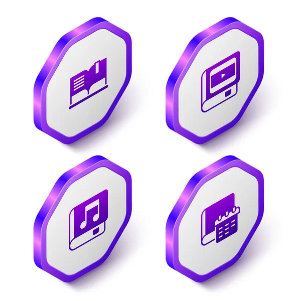 Set Isometric Open book, Book about cinema, Audio and Daily paper notepad icon. Purple hexagon button. Vector — Stock Vector