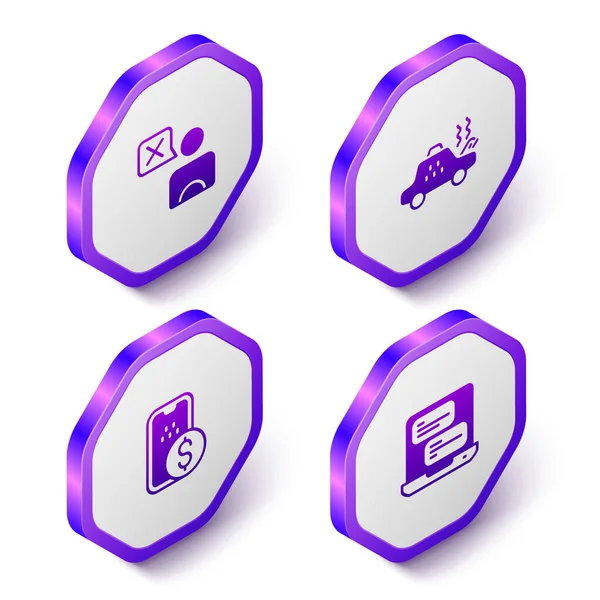 Set Isometric Taxi driver, Broken taxi car, Mobile banking and mobile app icon. Purple hexagon button. Vector — Stock Vector