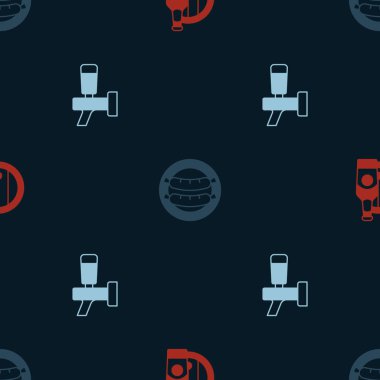 Bira şişesi, ahşap fıçı, sosis ve tıkırtı desenlerini ayarlayın. Vektör