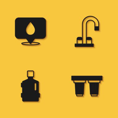 Su damlasını konuma ayarla, filtre kartuşu, büyük şişe temiz su ve uzun gölgeli musluk simgesi. Vektör