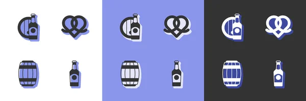 Set Beer bottle, and wooden barrel, Wooden and Pretzel icon. Vector — Stock Vector