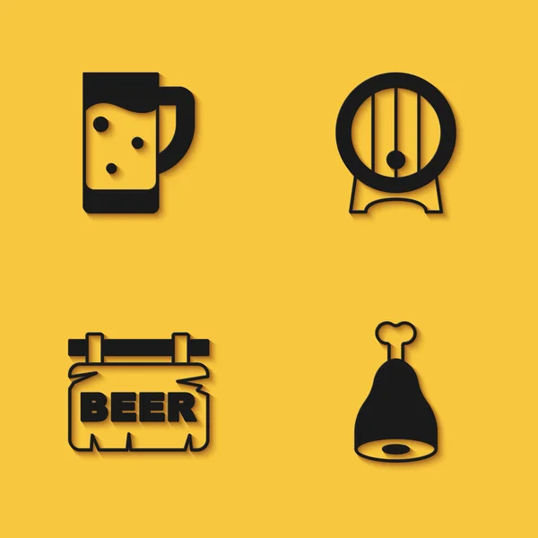 Set Glas bier, Chicken leg, Street signboard met Bier en Houten vat op rek icoon met lange schaduw. Vector — Stockvector
