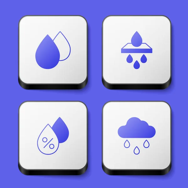 Zestaw Kropla wody, wkład filtracyjny, procent i Chmura z ikoną deszczu. Biały, kwadratowy przycisk. Wektor — Wektor stockowy