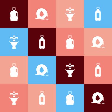 Pop Art Big şişesini temiz suyla, su damlası baloncuklarıyla, çeşme ve ikon şişesiyle hazırla. Vektör